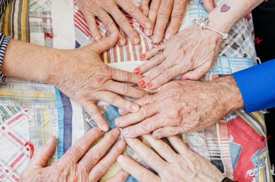 Hands-on love: seven grandchildren who traveled from three states to celebrate Eliza's quilts.